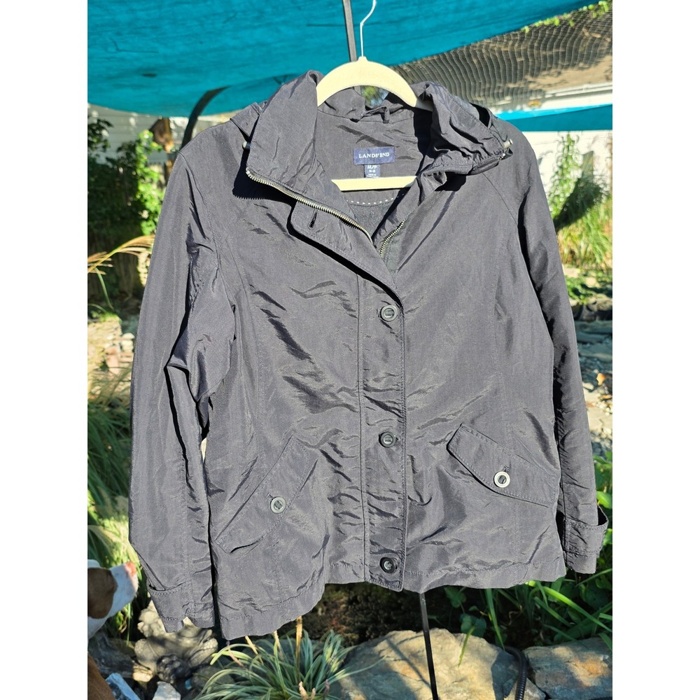 Lands End Womens Black Hooded Utility Jacket Size M 10-12 Full Zip Button Front